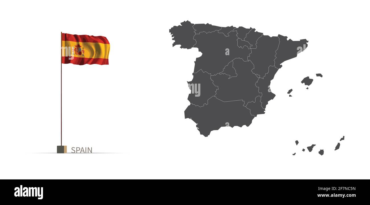 Spanien Karte. Graue Landkarte und Flagge 3d Illustration Vektor. Stock Vektor