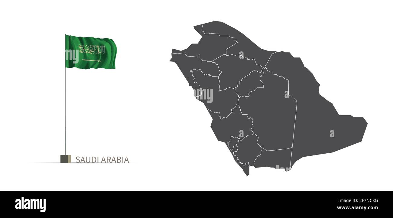 Saudi-Arabien-Karte. Graue Landkarte und Flagge 3d Illustration Vektor. Stock Vektor