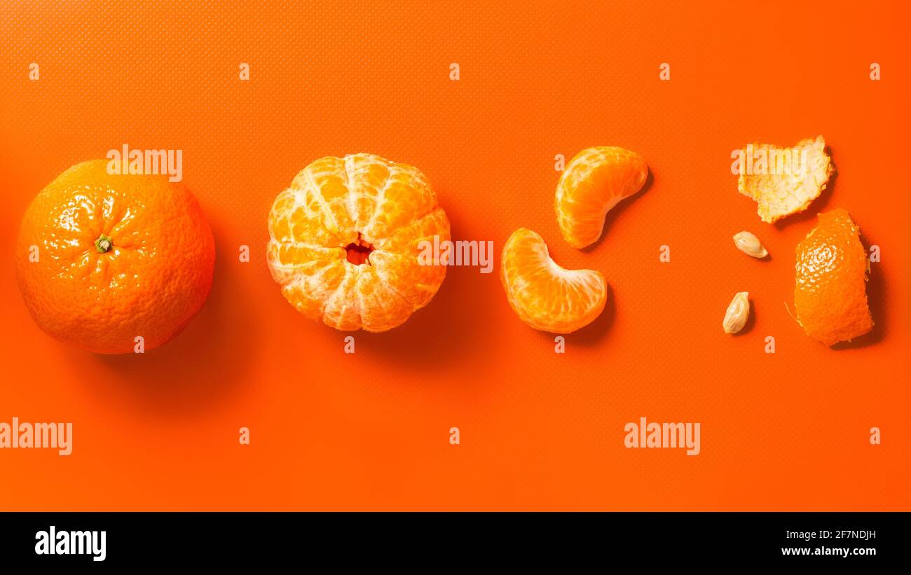 Mandarinen auf orangefarbenem Hintergrund: Ganz, geschält, Keile und Schalen. Flach liegend. Banner Stockfoto