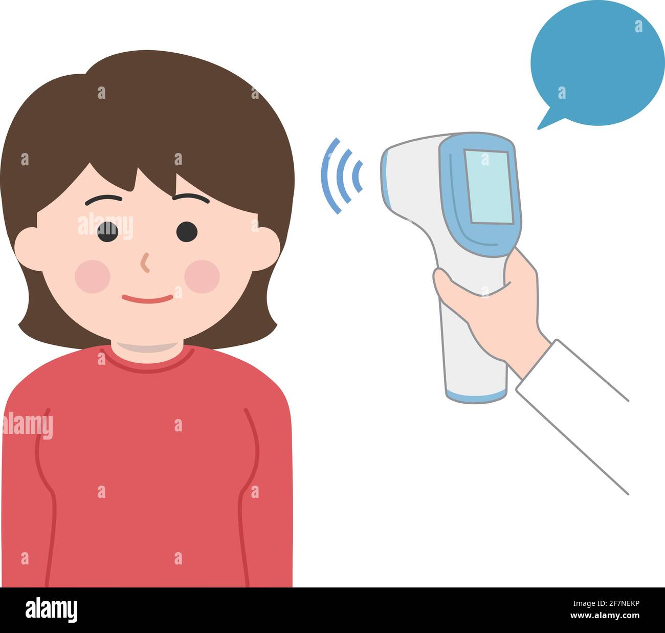 Eine Frau wird mit einem berührungslosen Thermometer auf Coronavirus auf ihre Temperatur überprüft. Vektordarstellung auf weißem Hintergrund isoliert. Stock Vektor