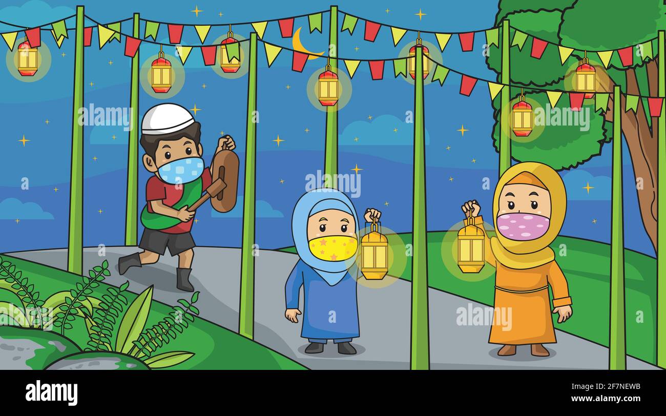 Während der Corona-Virus-Pandemie helfen muslime einem anderen muslim aufzuwachen Bis zu suhoor.Muslim ramadan Monat Aktivität täglich.mit Masker und Gesundheit Proto Stock Vektor