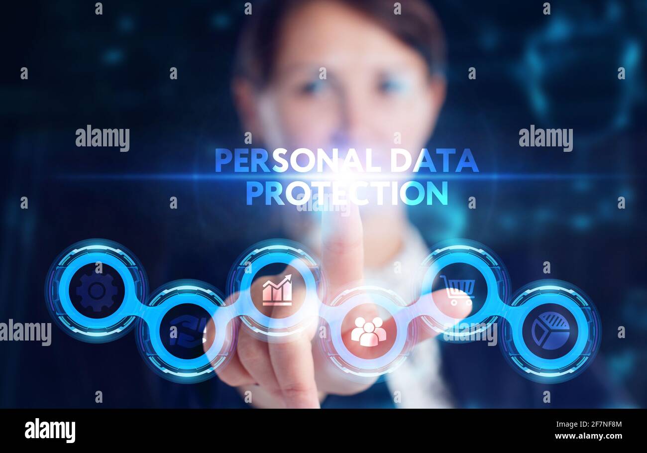 Wirtschaft, Technologie, Internet und Netzwerk Konzept. Junge Unternehmer arbeiten an einer virtuellen Bildschirm der Zukunft und sieht die Inschrift: Persönliche dat Stockfoto