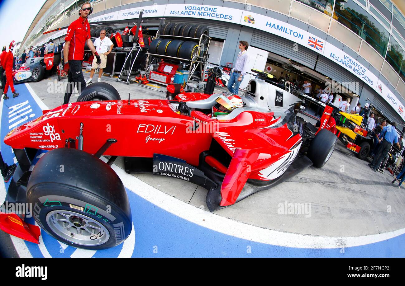 Monza, Italien - 09. September 2012: FIA Formel-1-Weltmeisterschaft im Autodromo Nazionale di Monza mit GP2 GP3 Pitlane Impressions. Boxengasse, Bolide, Auto, Autos, Rennen, Fisheye, Fischauge, F1 – weltweit im Einsatz Stockfoto