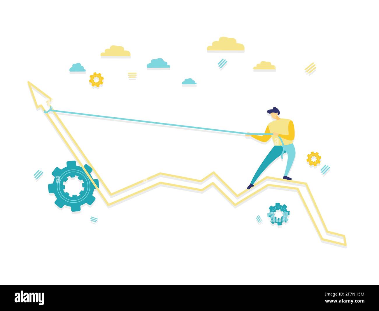 Flache Illustration eines Geschäftsmannes, der Pfeil mit Seil zieht und ihn hochhebt. Schöne blaue und gelbe Illustration. Finanzierungskonzept. Stock Vektor