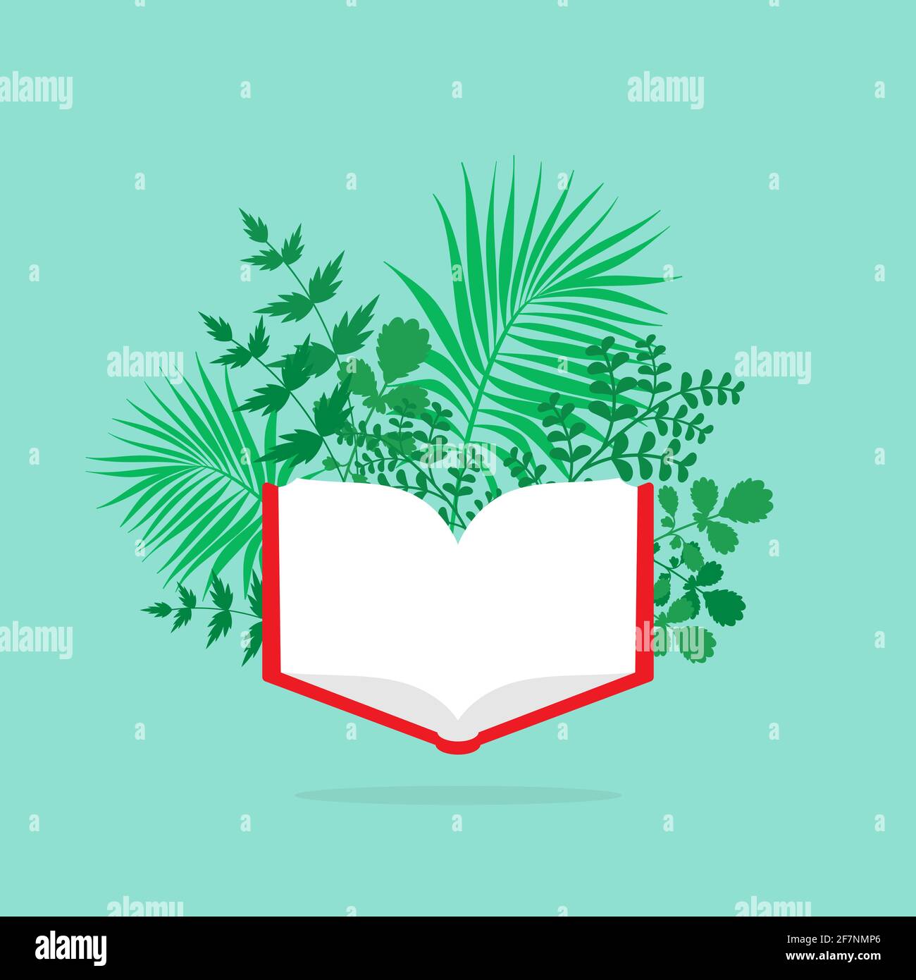 Rotes offenes Buch mit Zweigen, Zweigen und Blättern. Flaches Symbol auf blauem Hintergrund isoliert. Vektorgrafik. Frische Idee, Sommerstudienkonzept. Inspiration Stock Vektor
