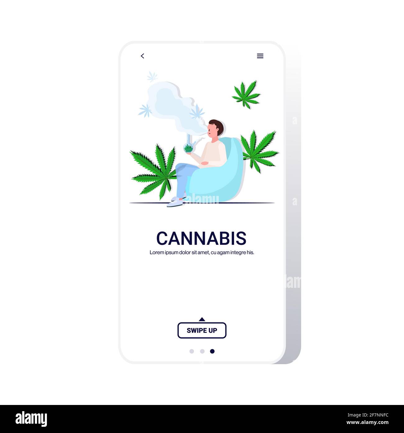 Mann, der Cannabis mit dem Konzept der Legalisierung von Bong-Marihuana-Drogen raucht Smartphone-Bildschirm in voller Länge – Platz zum Kopieren der mobilen Online-App Stock Vektor