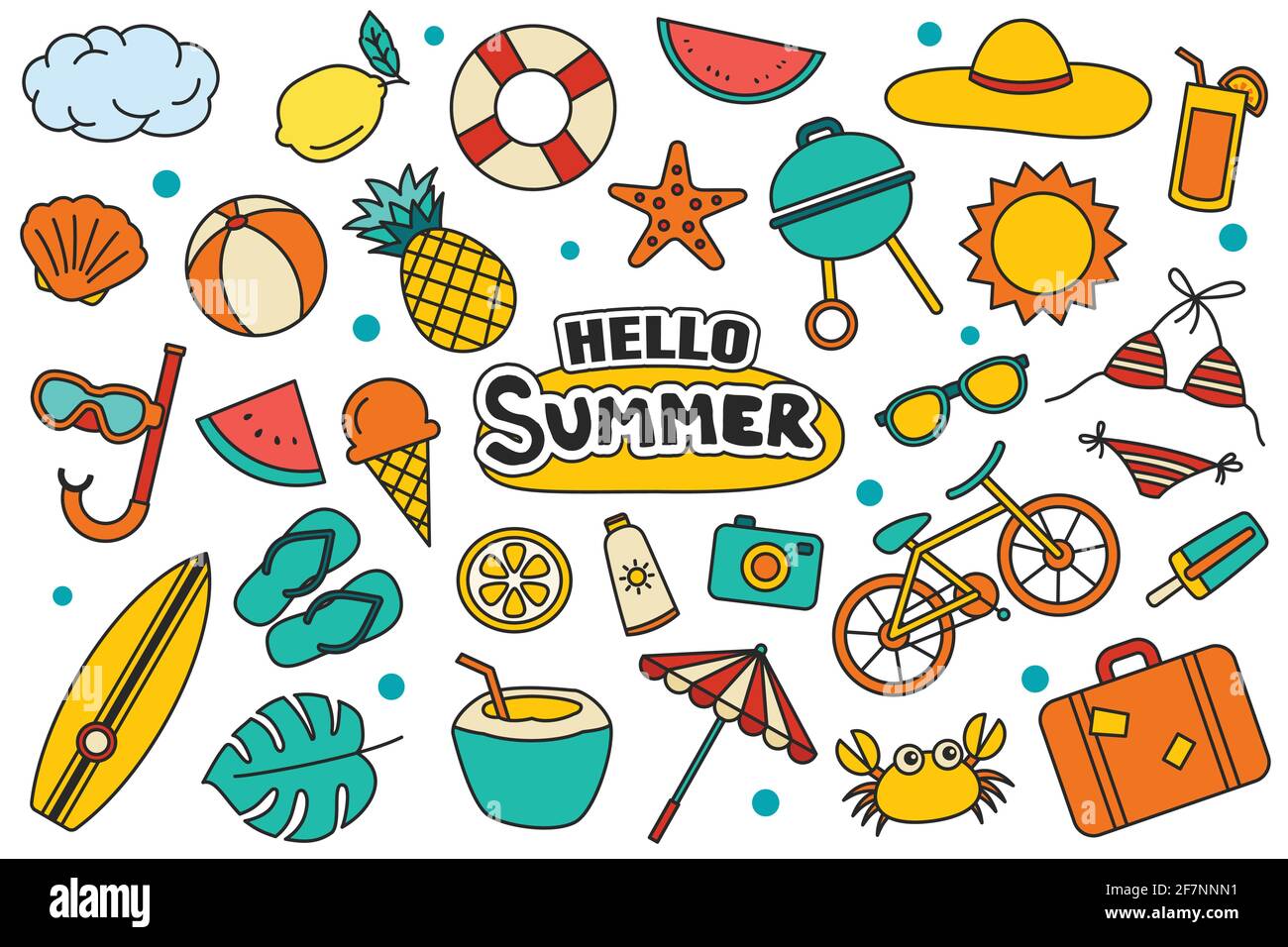 Hello Sommerkollektion Set-Design auf weißem Hintergrund. Sommer Symbole und Objekte bunt. Stock Vektor