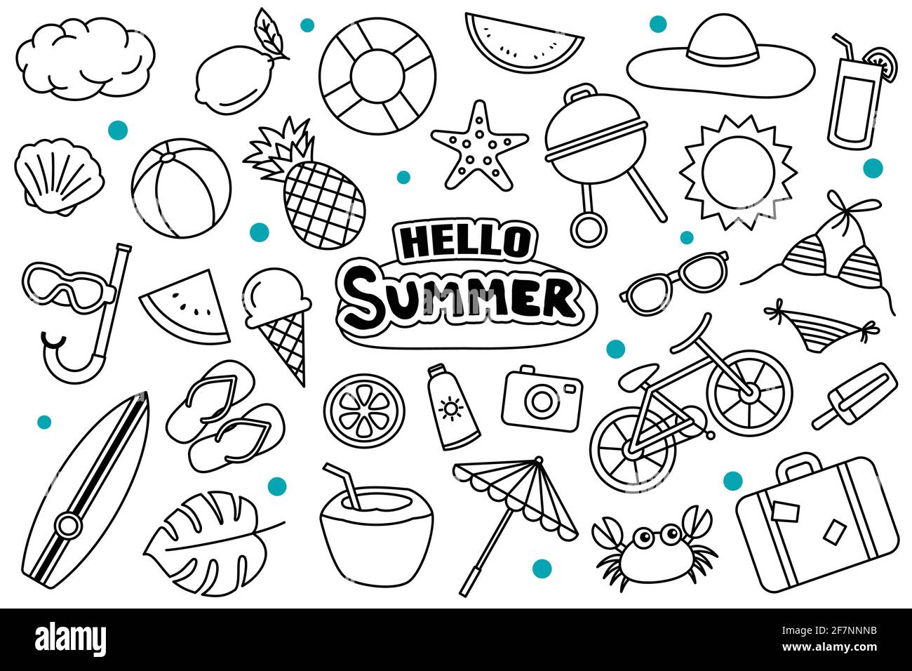 Hallo Sommer Doodle auf weißem Hintergrund. Sommer handgezeichnete Symbole und Objekte. Stock Vektor