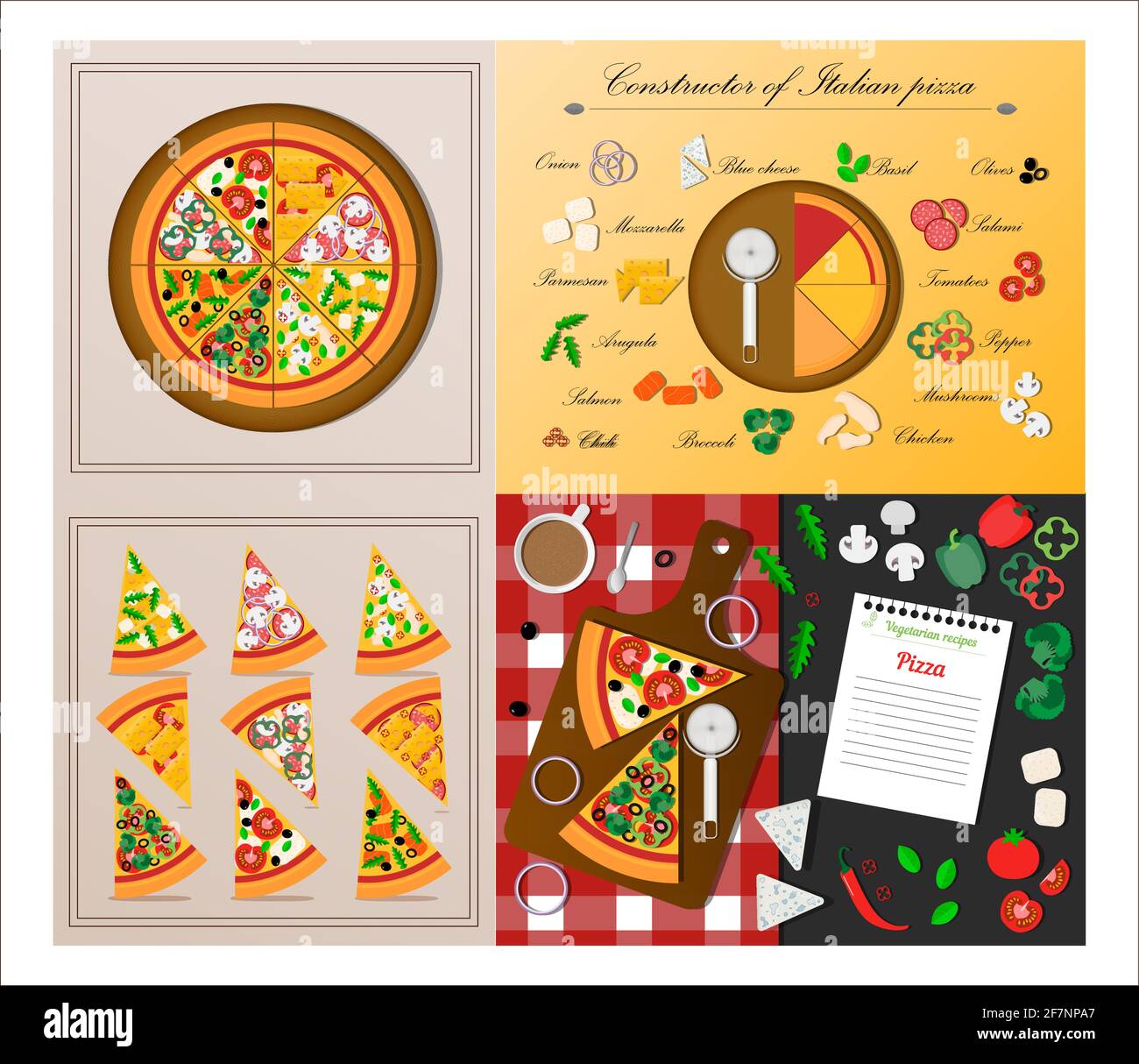 Eine Reihe flacher Pizzascheiben. Vektor-Illustration von verschiedenen Pizza. Schnittstücke eines italienischen Gerichts mit Tomaten, Huhn, Salami, Lachs, Käse, pe Stock Vektor