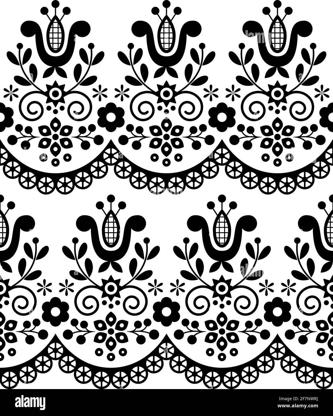 Retro polnische Volkskunst Vektor nahtlose Textil- oder Stoffdruck Muster, schwarz-weiß florale dekorative Volkskunst Stickerei Lachy Sadeckie Stock Vektor