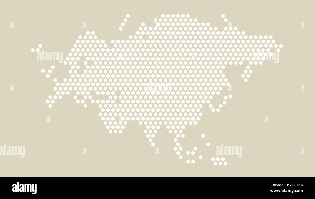 Weiße und gelbe sechseckige Pixelkarte von Eurasien. Vektor-Illustration Eurasischer Kontinent Hexagon-Karte gepunktetes Mosaik. Verwaltungsgrenze, Landkomposi Stock Vektor