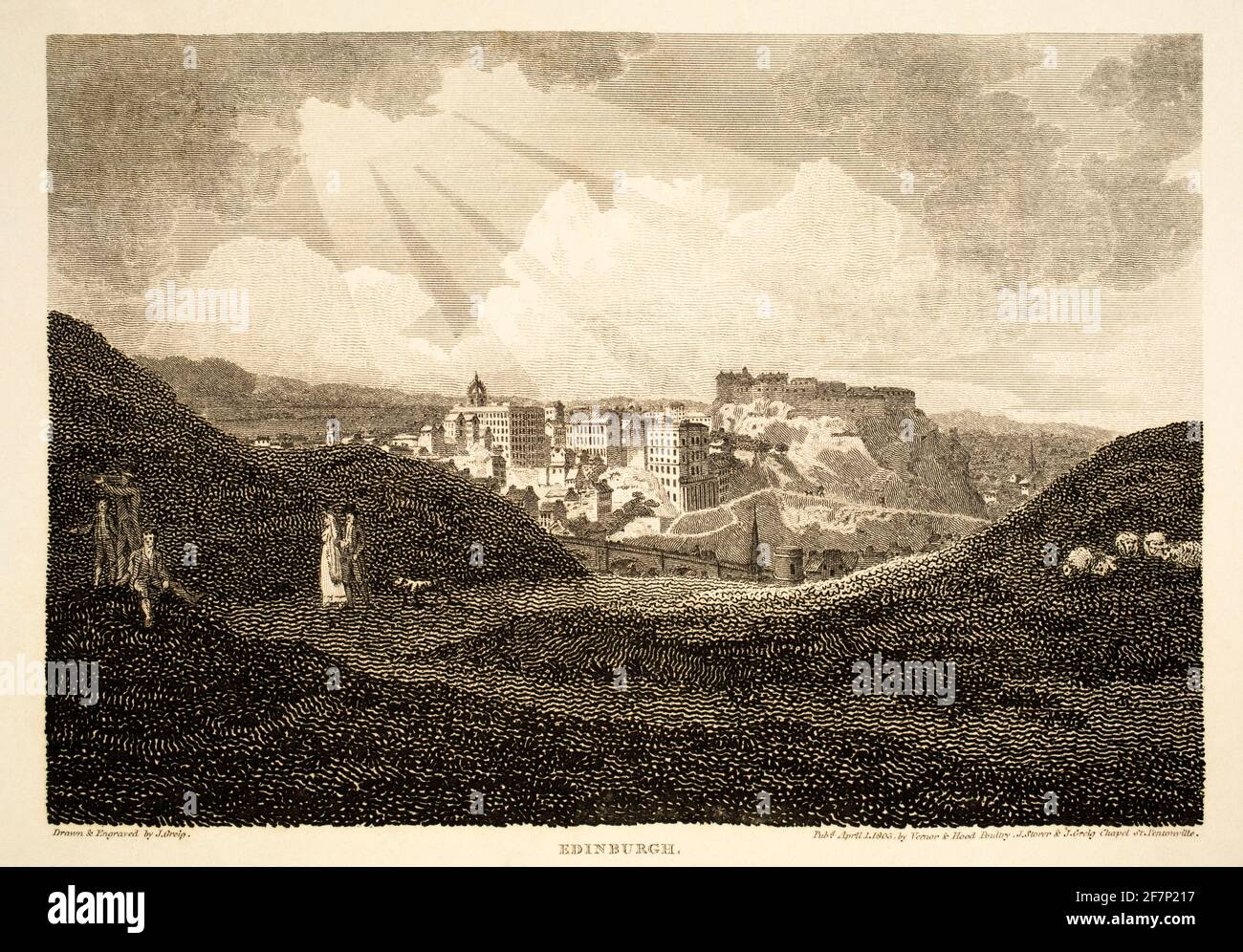 1805 Original-Stich von Edinburgh am Ende des 18. Jahrhunderts, aus 1811 Ansichten in Großbritannien, illustriert die Werke von Robert Burns, herausgegeben von Stockfoto