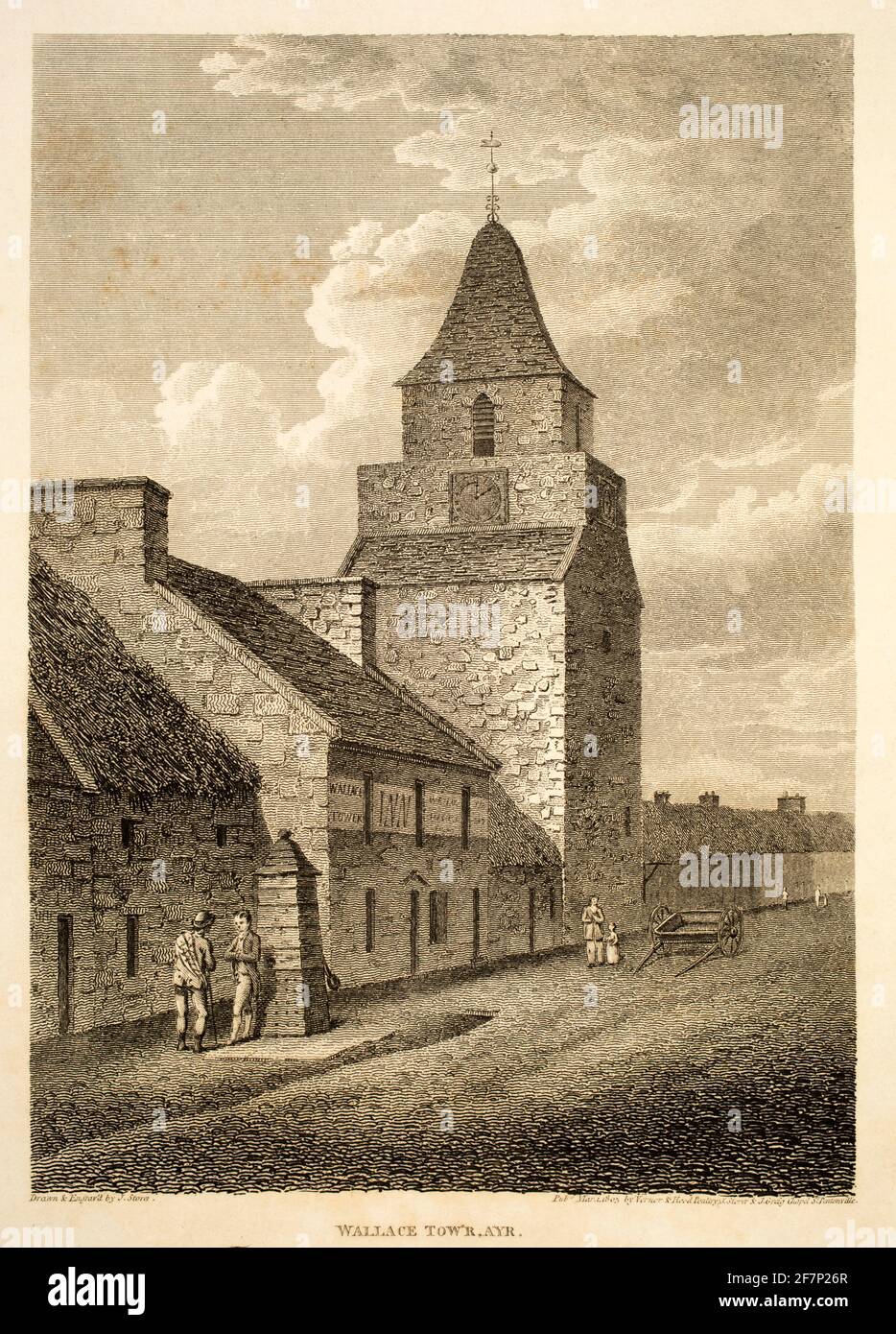 1805 Original-Stich des Wallace Tower, Ayr, aus 1811 Ansichten in Großbritannien, illustriert die Werke von Robert Burns, herausgegeben von John Stockdal Stockfoto