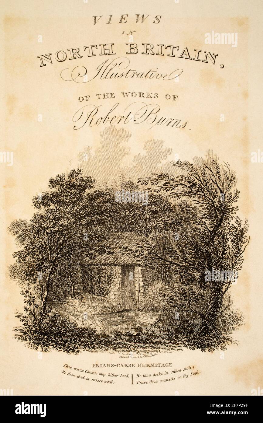 1780 Originalstich von Friars-Carse Hermitage, Dumfries, Titelseite von 1811 Ansichten in Großbritannien, illustriert die Werke von Robert Burns, Pub Stockfoto