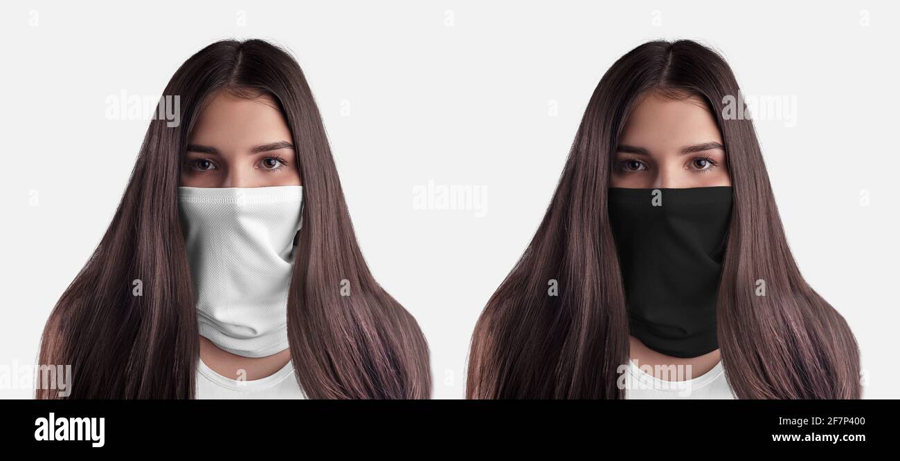 Nachbildung eines weißen, schwarzen Buffs auf ein Mädchen mit lockeren Haaren, das nach vorne blickt, isoliert auf dem Hintergrund. Stilvolle Halbmaske Vorlage für Sport, Lifestyle, für Stockfoto