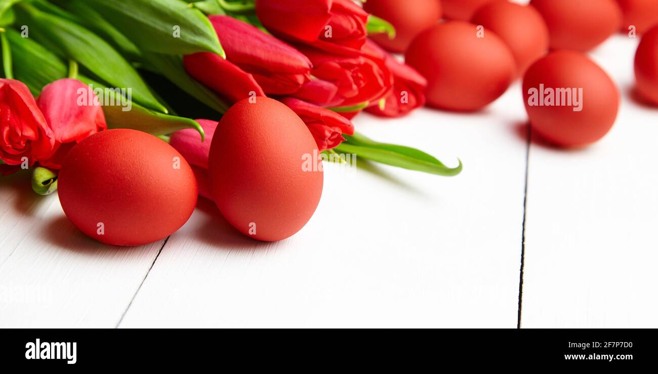 Ostereier und rote Blumen auf weißem Holztisch. Bemalte Hühnereier und rote Tulpen, Einrichtung am Ostertag, selektiver Fokus Stockfoto