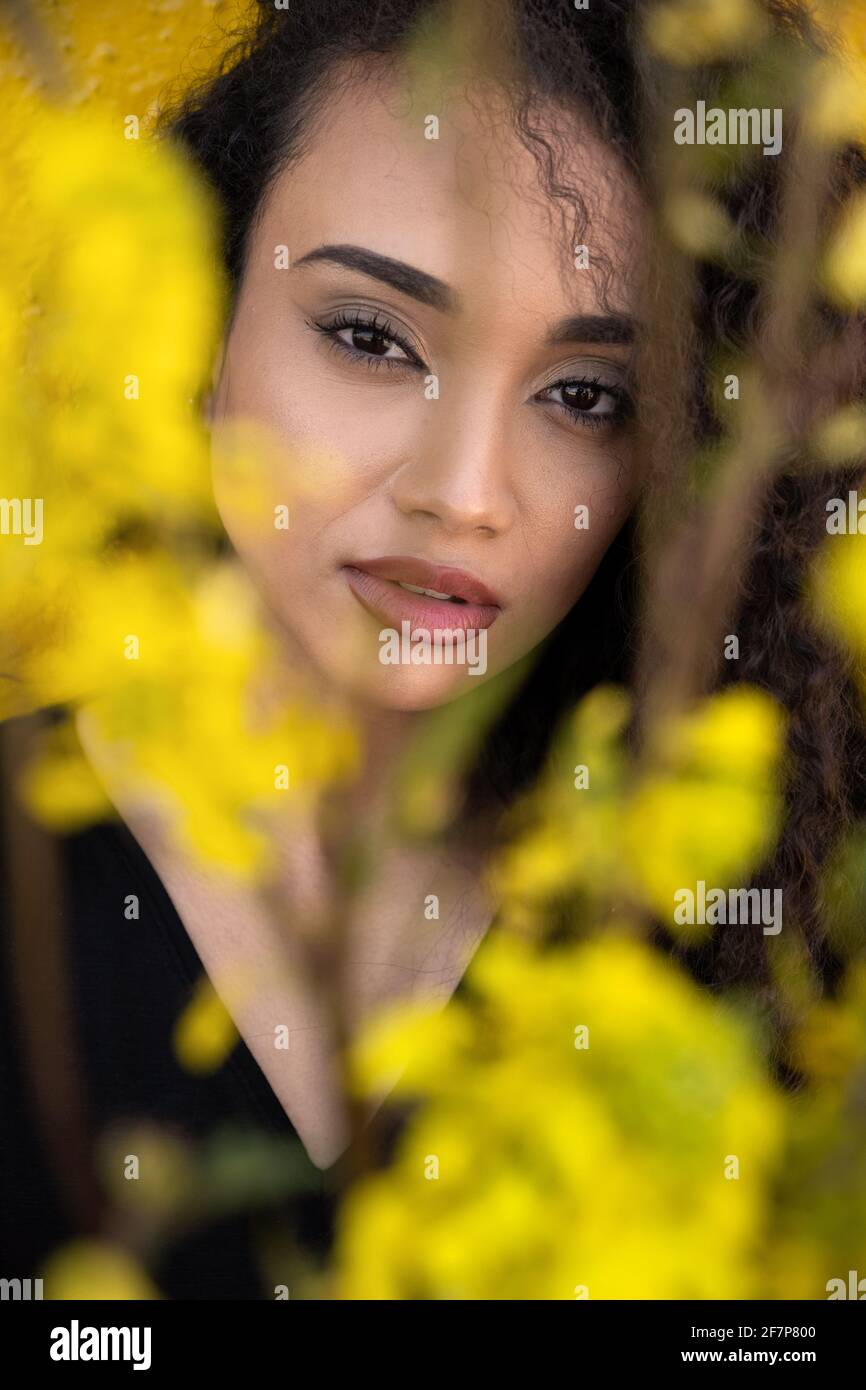 Exotische Frau mit langen lockigen Haaren und Blick auf die Kamera Hinter zarten, gelb blühenden Blüten stehend Stockfoto