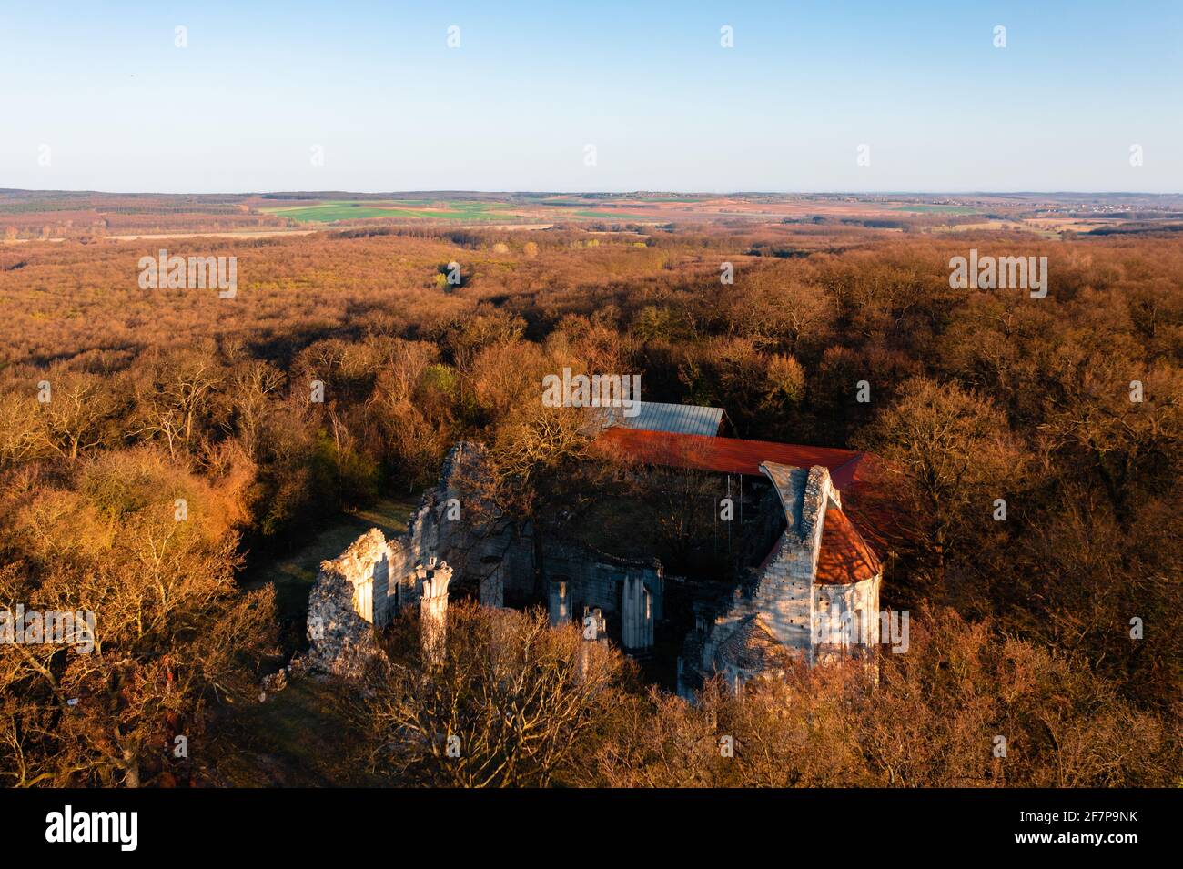 Vertesszentkereszt, Ungarn - Luftaufnahme über ehemaliges benediktinerkloster und Kirchenruinen. Versteckt in den Wäldern zwischen Oroszlany und Pusztavám. Stockfoto