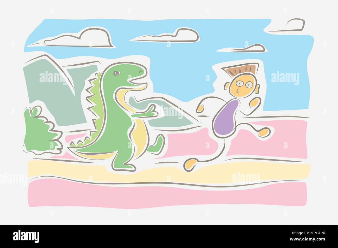 Kinder zeichnen Stil Junge läuft von Dinosaurier Stock Vektor Kinder zeichnen Stil Junge läuft von Dinosaurier Stock Vektor