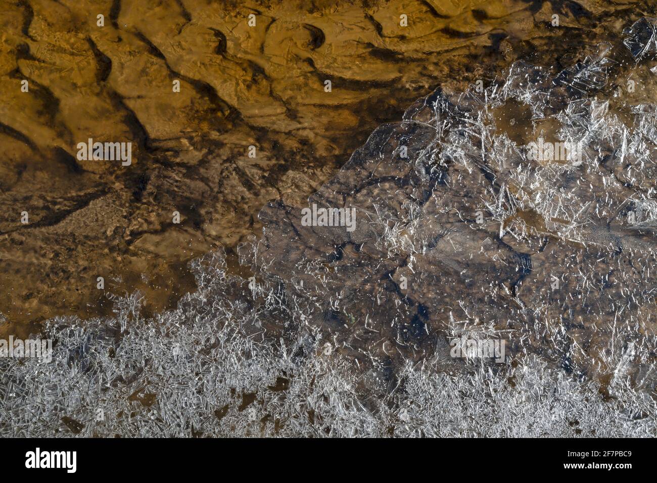 Frühling schöne Muster aus Eiskruste und gemustertem bräunlichen Boden In einem kleinen Bach Stockfoto