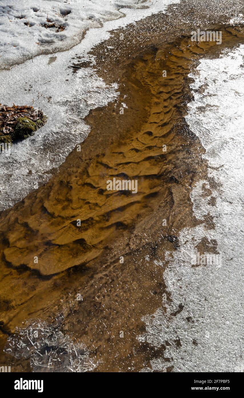 Gebogene Streams mit gemustertem Boden und eisigen Bänken während Die Feder tauen auf Stockfoto