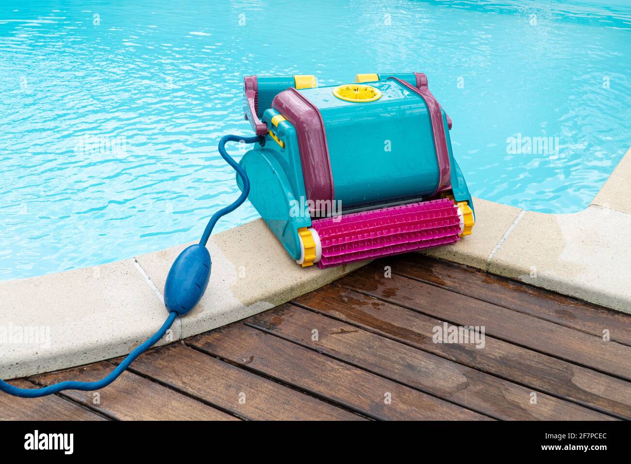 Roboter-Reiniger an der Grenze eines Schwimmbades. Konzept des Wartungspools Stockfoto