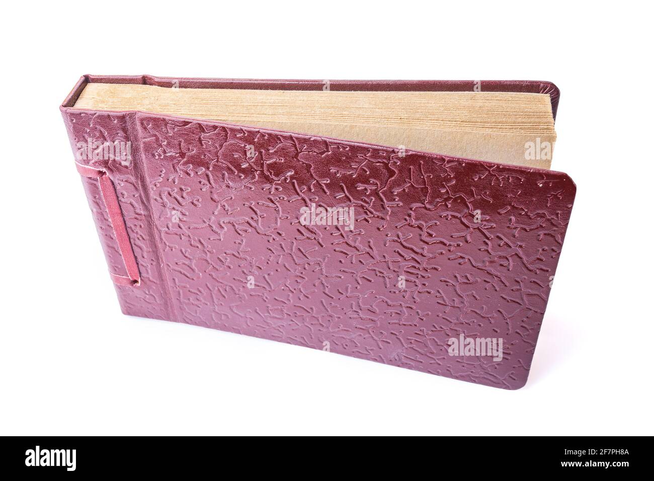 Vintage braunes Leder texturierte Fotoalbum auf weißem Hintergrund isoliert Stockfoto