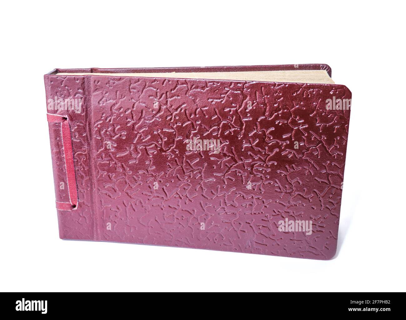 Vintage braunes Leder texturierte Fotoalbum auf weißem Hintergrund isoliert Stockfoto