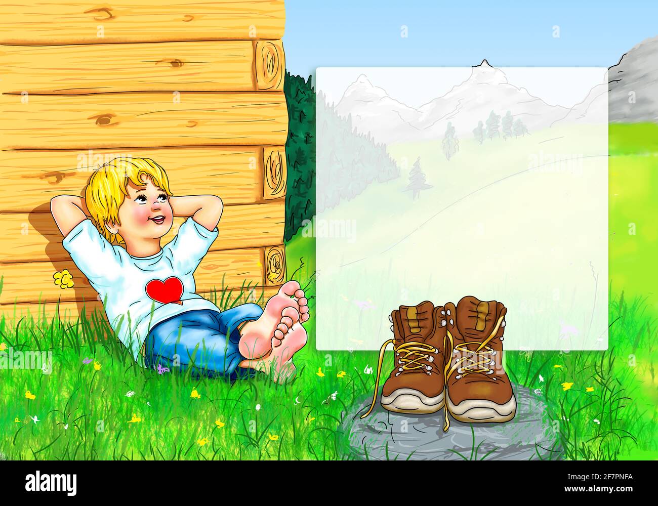 Vorlage Junge Kind sitzt barfuß bequem Hände Ajar hinter dem Kopf Lächeln  Blick nach oben Wanderer Schuhe brechen Berge Allgäu Bayern Österreich  Schweiz Stockfotografie - Alamy