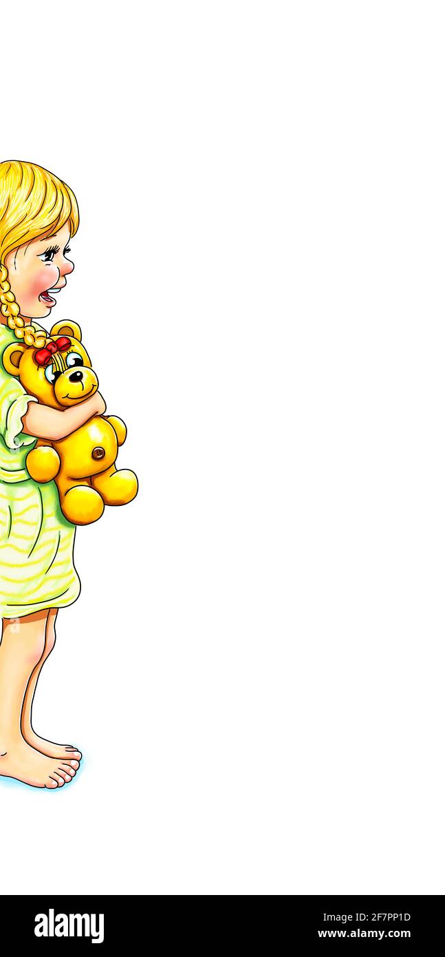 Mädchen Teddy Spielzeug Bär niedlich sieht Ecke Rand Lächeln lächelt Lachende Freude glückliches Staunen erstaunt überrascht Überraschung Kante Figur barfuß Sommersonne swe Stockfoto