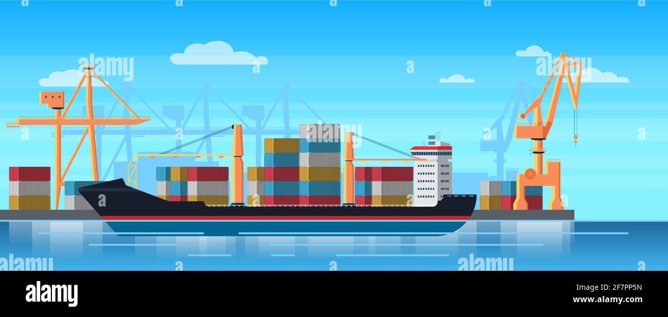 Logistik LKW und Transport Containerschiff. Frachthafen mit Industriekranen. Vektorgrafik Versandhof. Stock Vektor