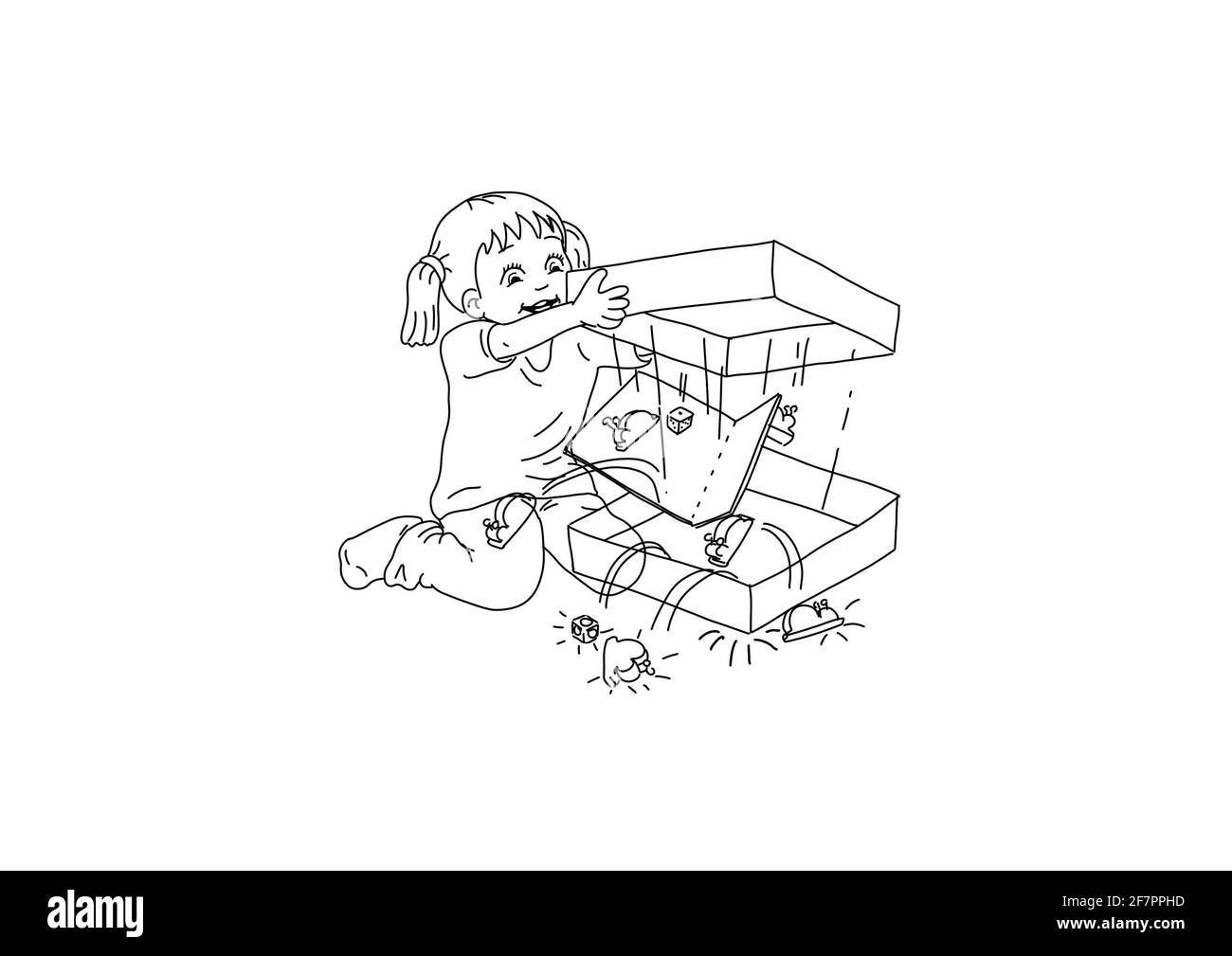 Nettes Mädchen mit Zöpfen hält aufgeregt ein Brettspiel und schüttelt es. Die Packung öffnet sich, alles fällt heraus. Sie ist enthusiastisch, fröhlich, lachend, kinderga Stockfoto