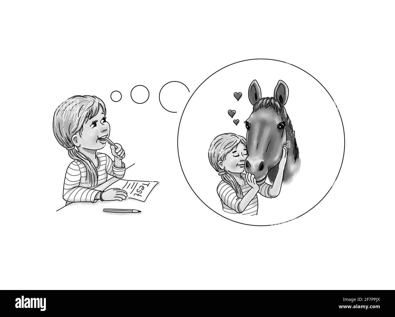 Mädchen Student Schulmädchen Test denkt über Gedanken Blase Phantasie Fantasie Pferd umarmen wenig Herz Kraft Tier helfen, lernen Stress zu unterstützen Überwinden Stockfoto