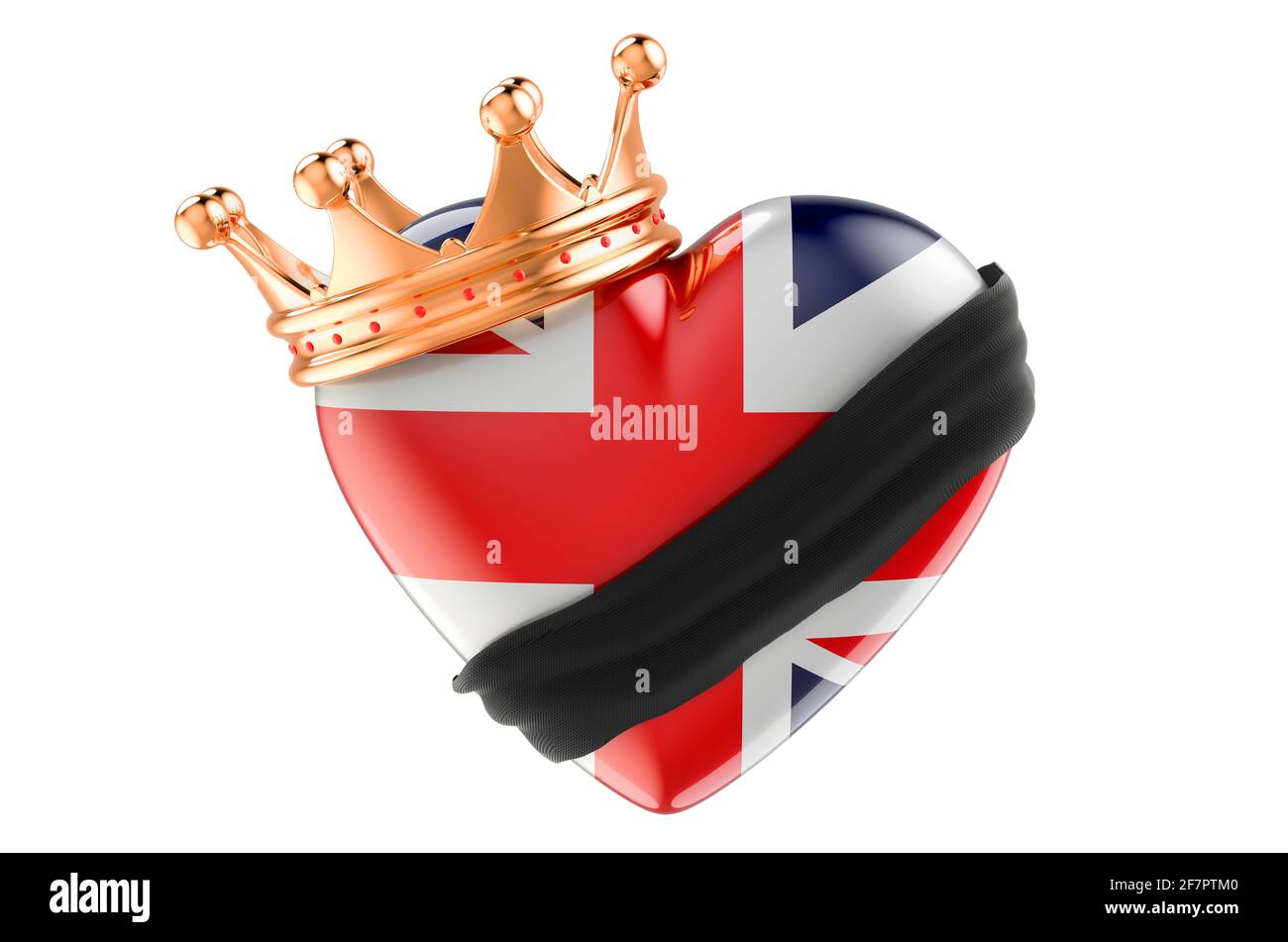 Trauer im britischen Konzept. Britisches Herz mit schwarzem Band und goldener Krone. 3D-Rendering auf weißem Hintergrund isoliert Stockfoto