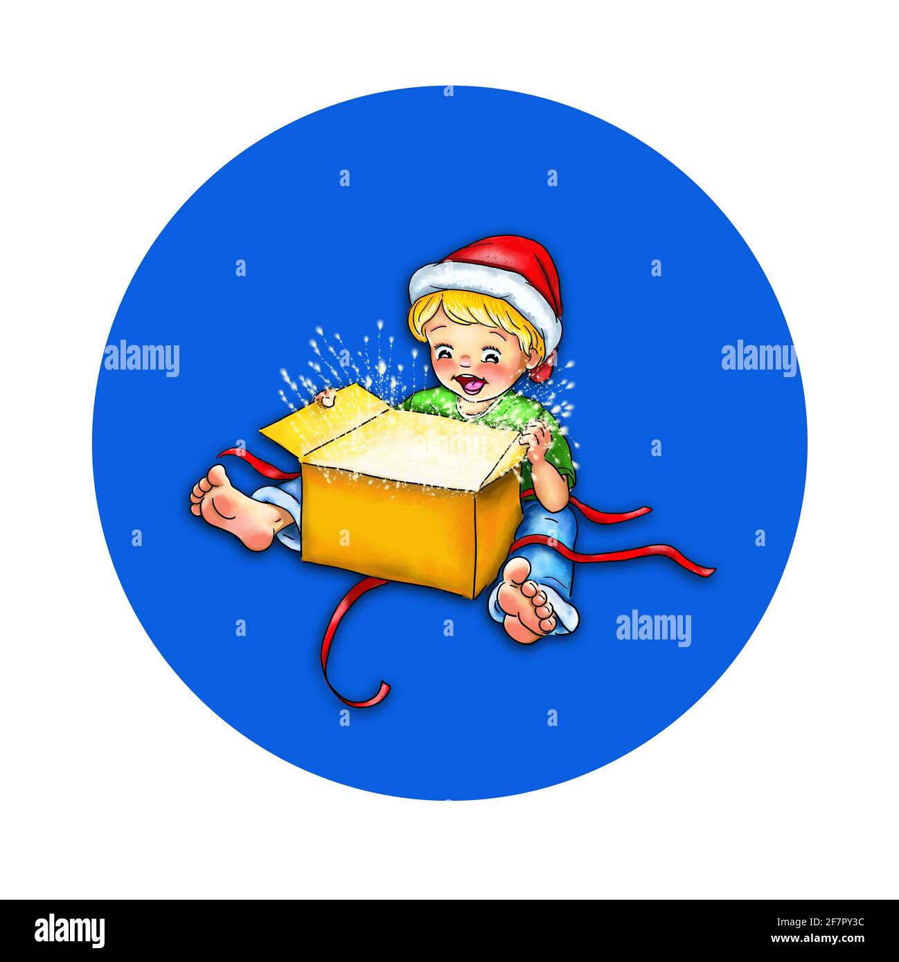 Kleinkind Junge mit Weihnachtsmann Hut sitzt barfuß mit einem Ausgepacktes Geschenk vor ihm Glanz Faszination fasziniert überrascht Freude lachen Sterne leuchten Stockfoto