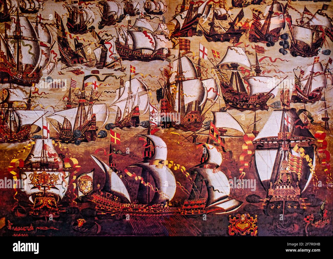 Eine Illustration der spanischen Armada, die nach jahrzehntelanger Feindseligkeit zwischen dem spanischen katholischen König Philipp II. Und der protestierenden Königin Elisabeth I. im Sommer 1588 nach England aufgebrochen ist, vervollständigt von einem unbekannten Zeichner. Das Gemälde wirkt weniger wie ein Gemälde als als ein formaler Entwurf in einem Manierstil, aber kein anderes zeitgenössisches Bild der Armada vermittelt ein vergleichbares Gefühl für die Dramatik und Farbe der Konfrontation zwischen den beiden Flotten, die höchstwahrscheinlich die Aktion von Gravelines sind, Der einzige Punkt, an dem eine große Anzahl von Schiffen beider Seiten in einen anhaltenden Konflikt verwickelt waren. Stockfoto