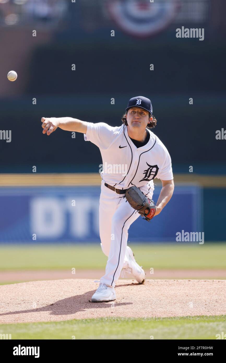 DETROIT, MI - APRIL 6: Casey Mize (12) der Detroit Tigers spielt am 6. April 2021 in De gegen die Minnesota Twins im Comerica Park Stockfoto