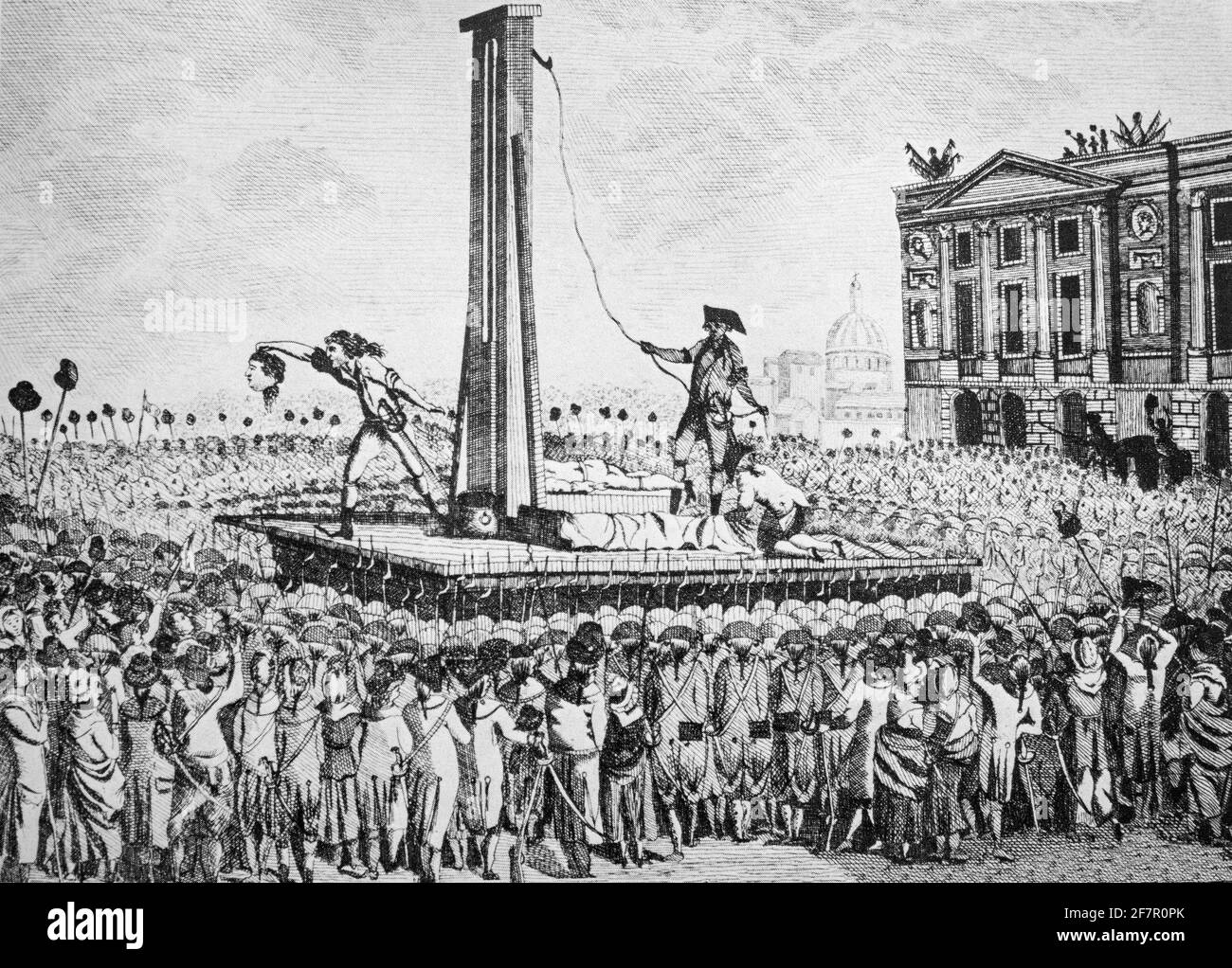 Ein Beispiel für die Hinrichtung von Ludwig XVI. (1754-1793) durch die Guillotine, einem wichtigen Ereignis der Französischen Revolution, das am 21. Januar 1793 auf dem Place de la Révolution ('Revolutionsplatz', ehemals Place Louis XV, und 1795 in Place de la Concorde umbenannt) in Paris stattfand. Während seines Prozesses am 17. Januar 1793 hatte die Nationalversammlung den König des Hochverrats in einer nahezu einhelligen Abstimmung verurteilt; während niemand für „nicht schuldig“ stimmte, enthielten sich mehrere Abgeordnete der Stimme. Schließlich verurteilten sie ihn durch eine einfache Majorität zum Tode, und die Hinrichtung wurde vier Tage später durchgeführt. Stockfoto