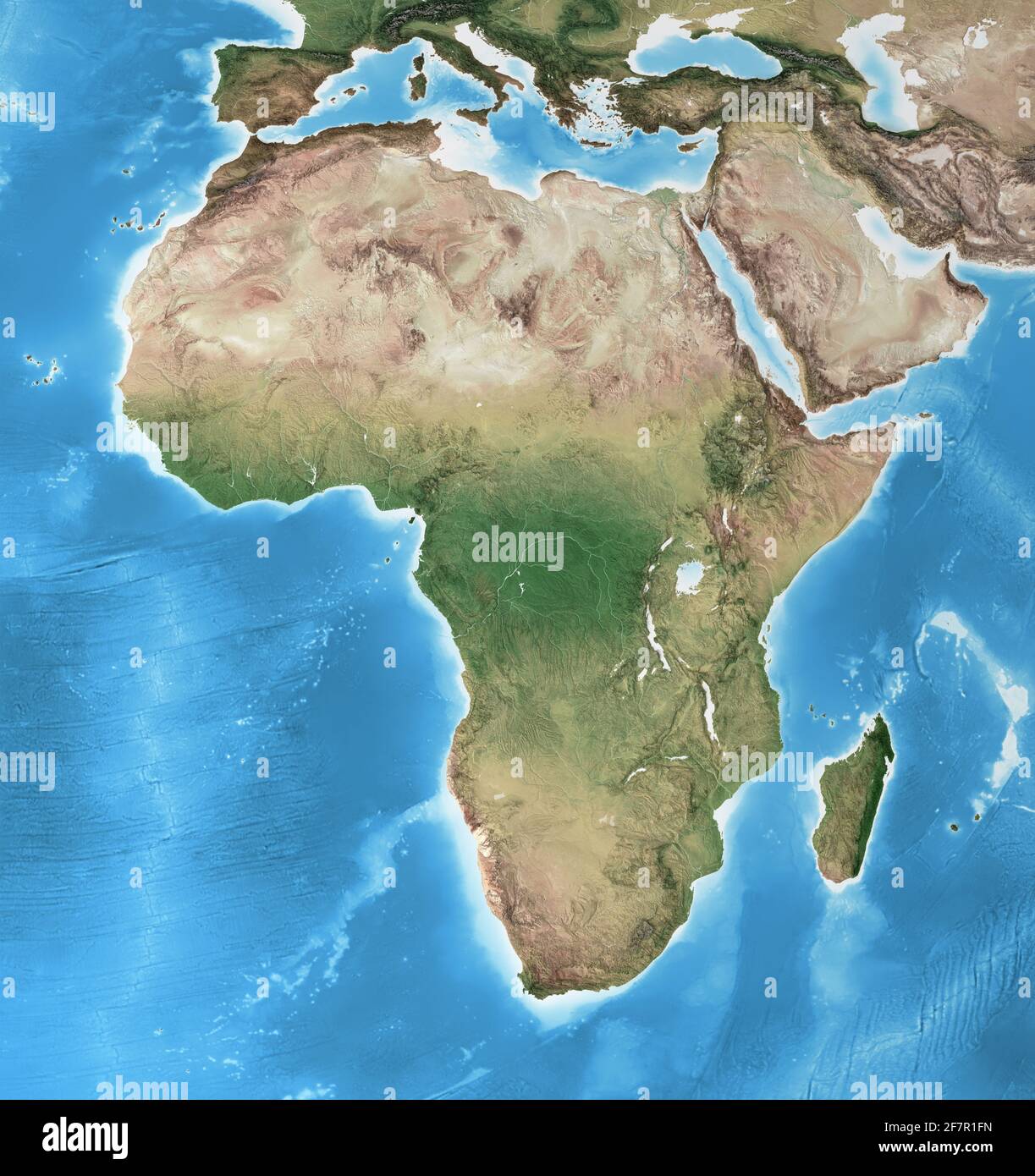Physische Karte von Afrika, mit hochauflösenden Details. Abgeflachte Satellitenansicht des Planeten Erde und seiner Geographie - von der NASA eingerichtete Elemente Stockfoto