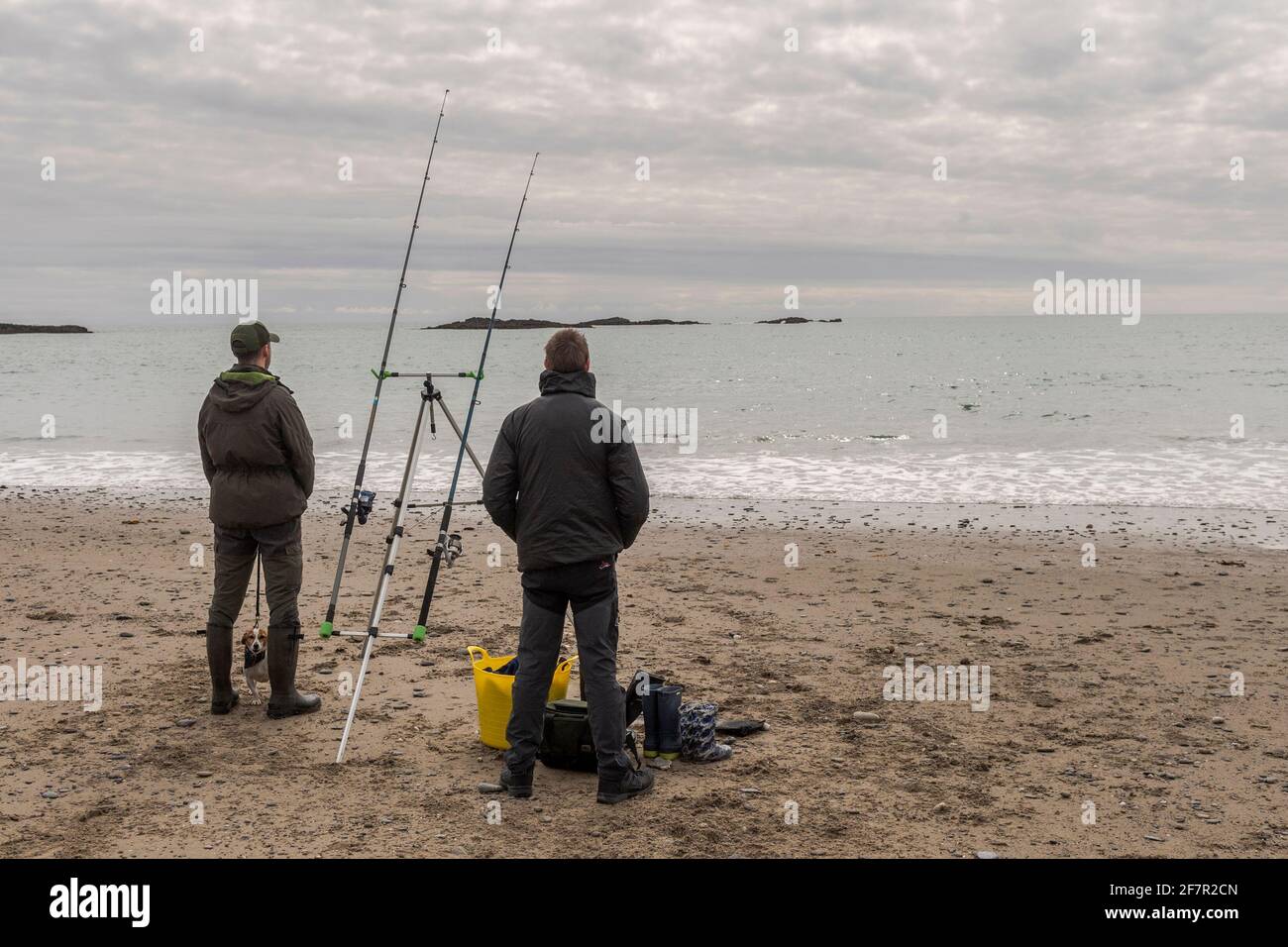 Owenahincha, West Cork, Irland. April 2021. Steve McDonagh und William Browne, die Bewohner von Sandycove, mit ihrem Hund „Missy“, schwelgen an einem warmen, aber bewölkten Nachmittag am Owenahincha Beach in einem Ort des Seefischens. Quelle: AG News/Alamy Live News Stockfoto