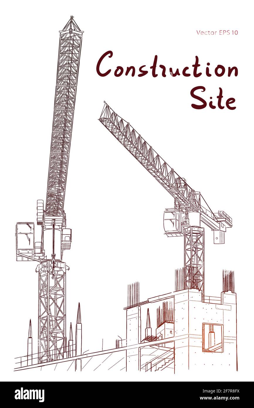 Bau Abbildung. Baustelle und Turmdrehkrane Skizze Stock Vektor