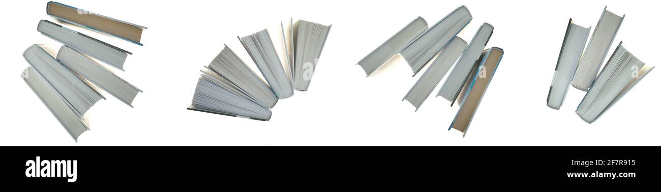 Buch Banner.Bücher Set isoliert auf weißem Hintergrund.Lesen von Büchern und Literatur. Studien- und Bildungskonzept. Buchen Sie einen Tagesausflug. Buchen Sie das Messebanner Stockfoto