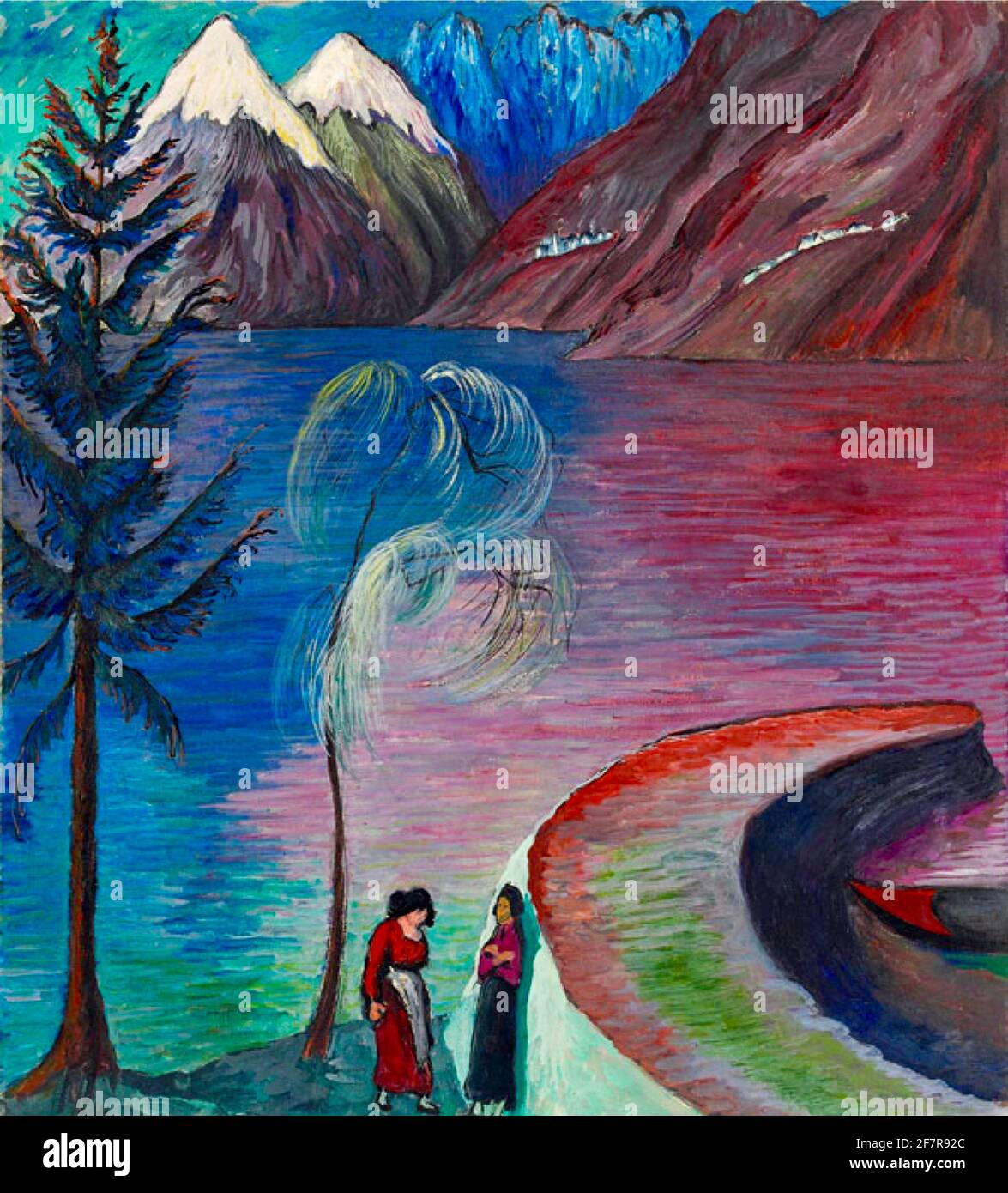 Marianne von Werefkin Kunstwerk mit dem Titel At Dawn. Zwei Frauen unterhalten sich am Steg. Die Landschaft ist bunt und die schneebedeckten Berge liegen in der Ferne. Stockfoto