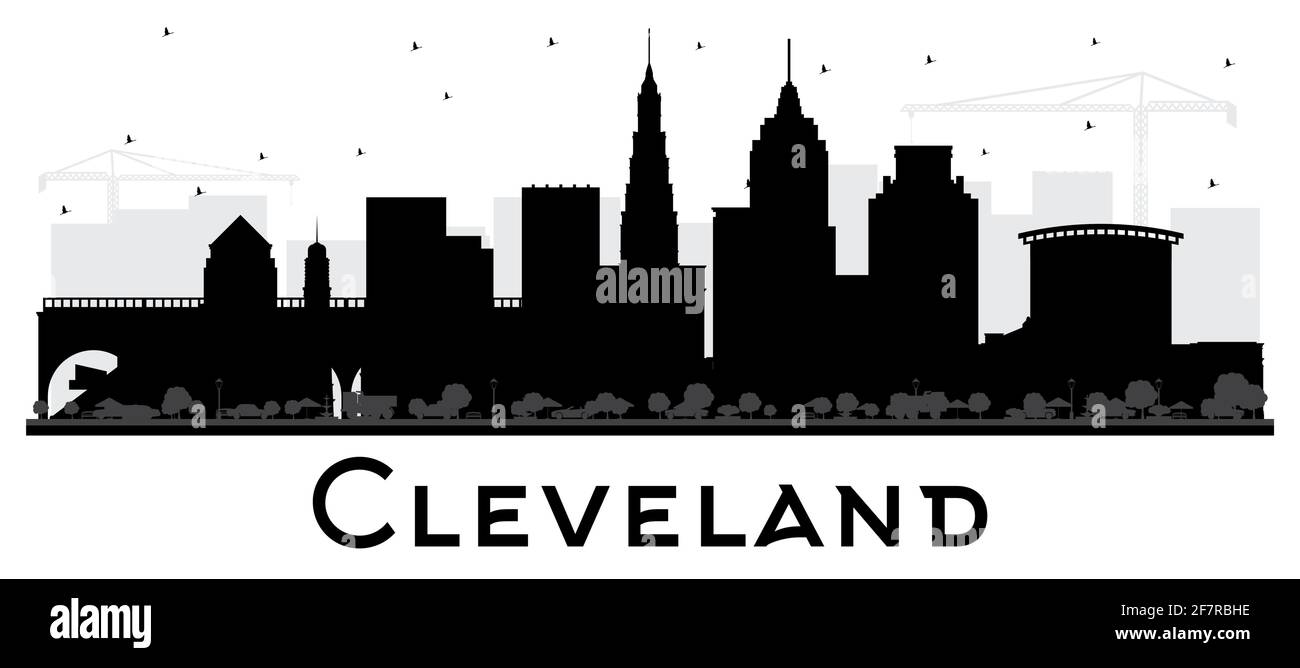 Cleveland Ohio City Skyline Silhouette mit schwarzen Gebäuden isoliert auf Weiß. Vektorgrafik. Cleveland USA Stadtbild mit Wahrzeichen. Stock Vektor