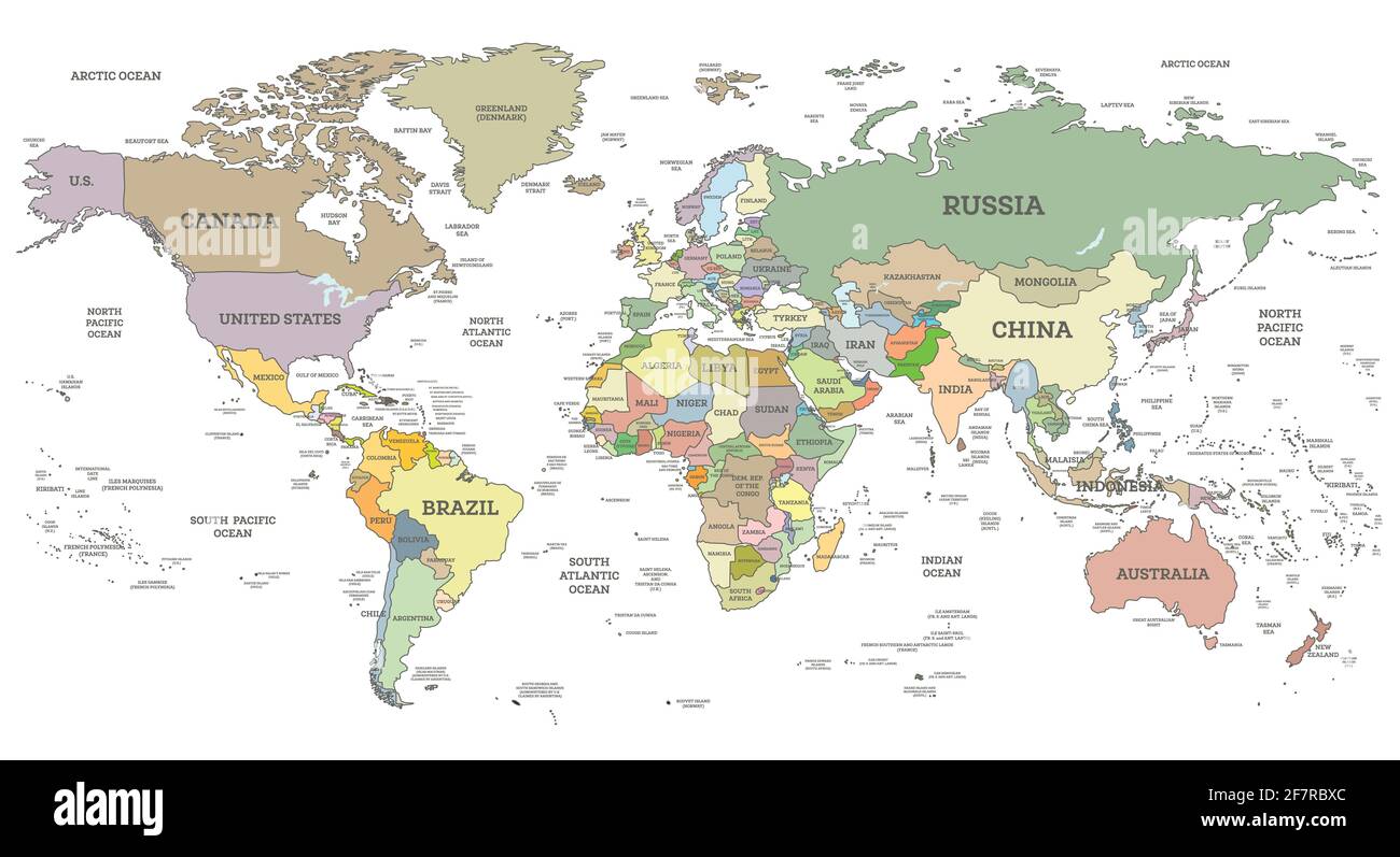 Detaillierte Weltkarte mit Grenzen und isolierten Ländern auf Weiß. Vektorgrafik. Zylindrische Projektion. Stock Vektor