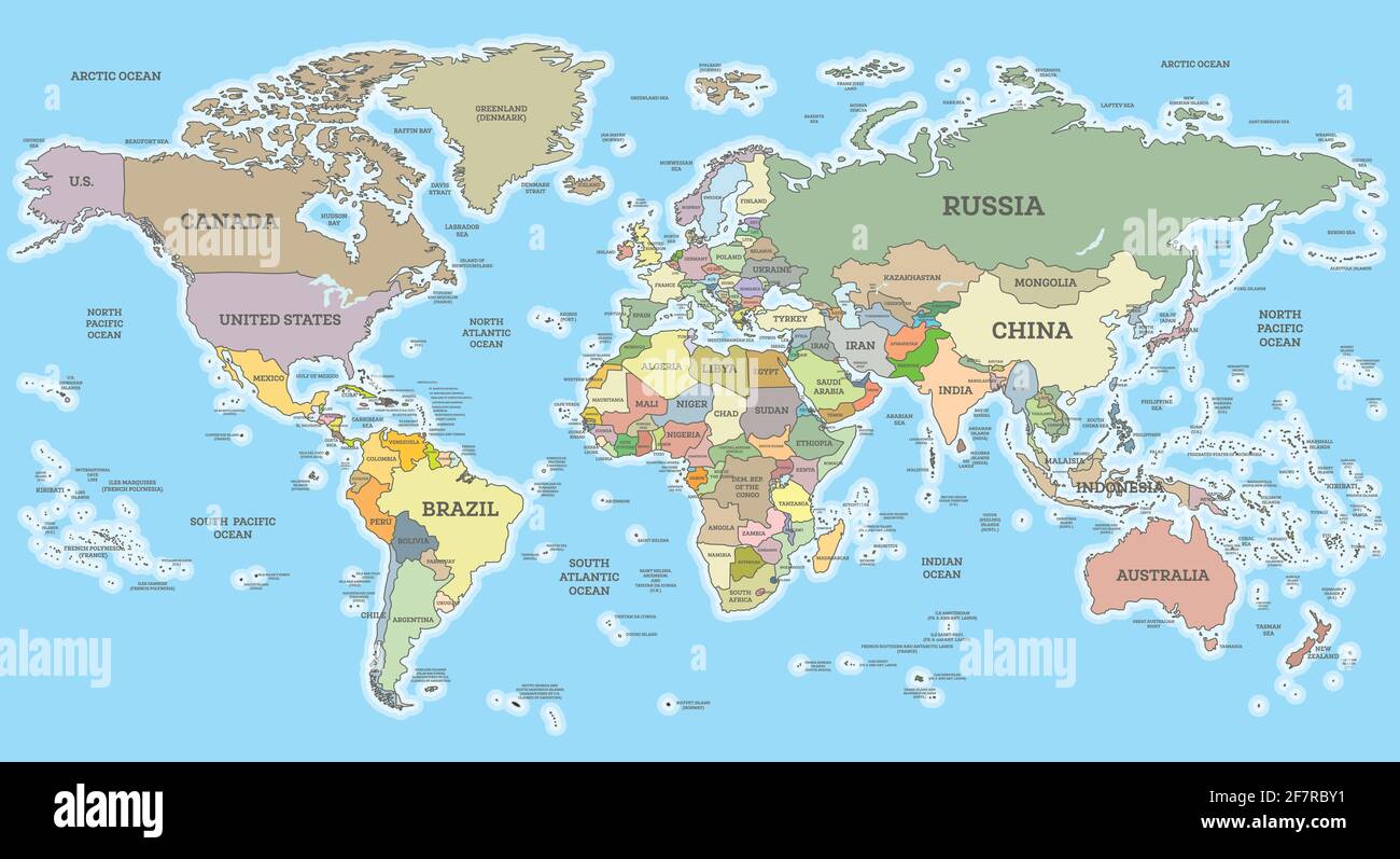 Weltkarte mit Grenzen und Ländern. Vektorgrafik. Zylindrische Projektion. Stock Vektor