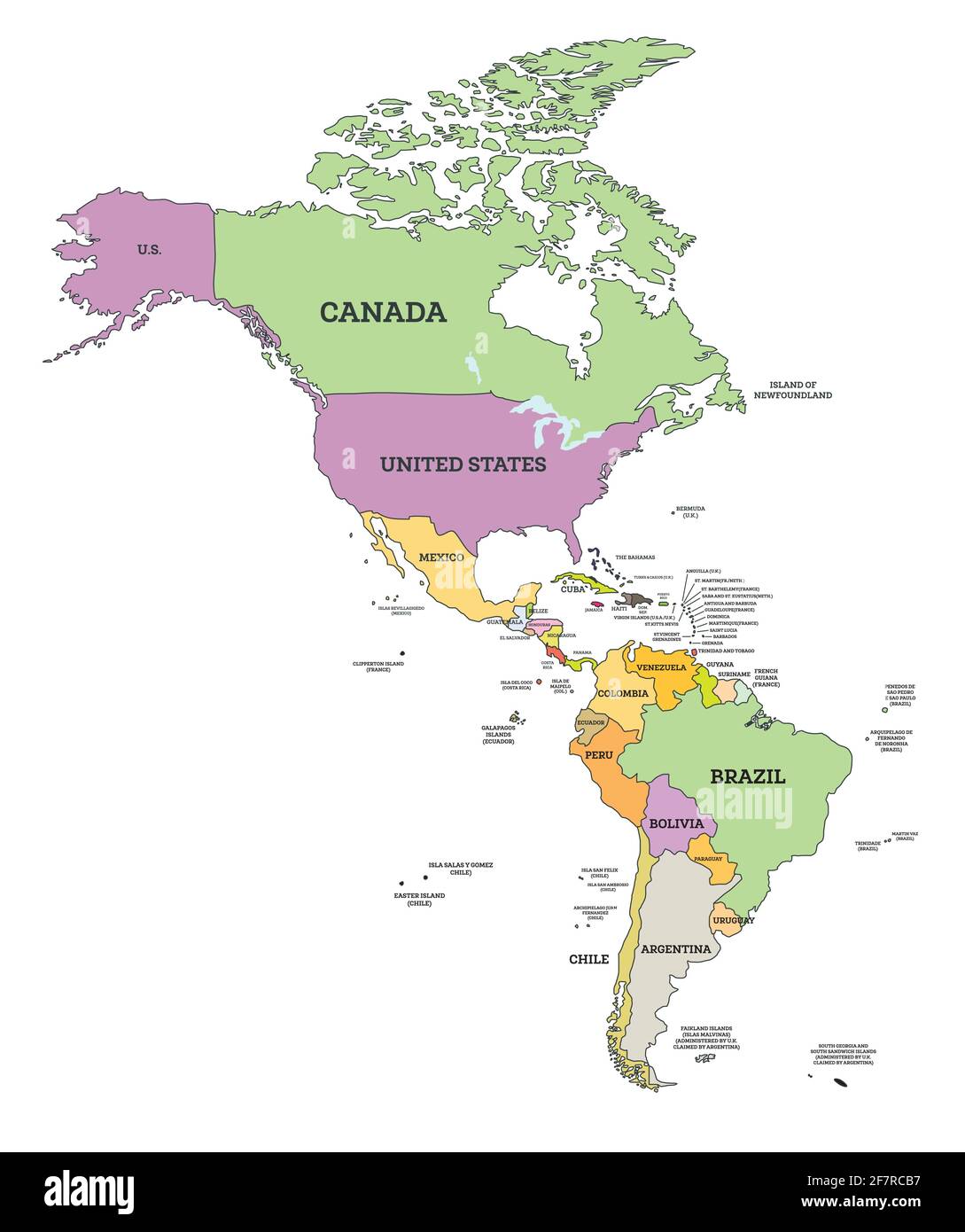 Politische Karte für Süd- und Nordamerika in der Mercator-Projektion. Vektorgrafik. Karte mit Namen der Länder, die auf Weiß isoliert sind. Stock Vektor