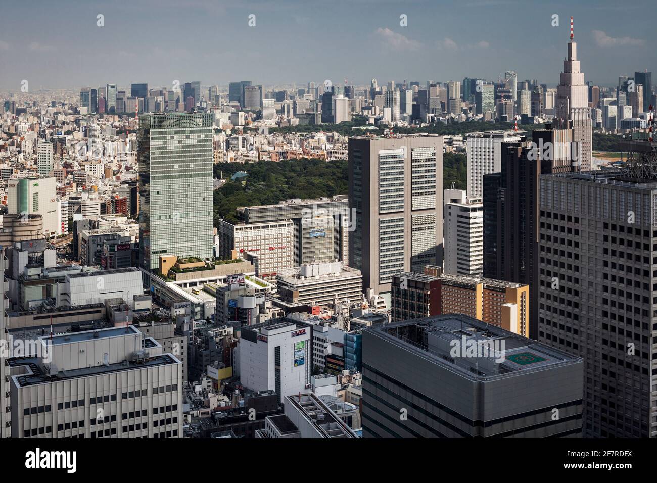 Panorama-Luftaufnahme von einigen der Wolkenkratzer von Nishi-Shinjuku, Tokio, Japan Stockfoto