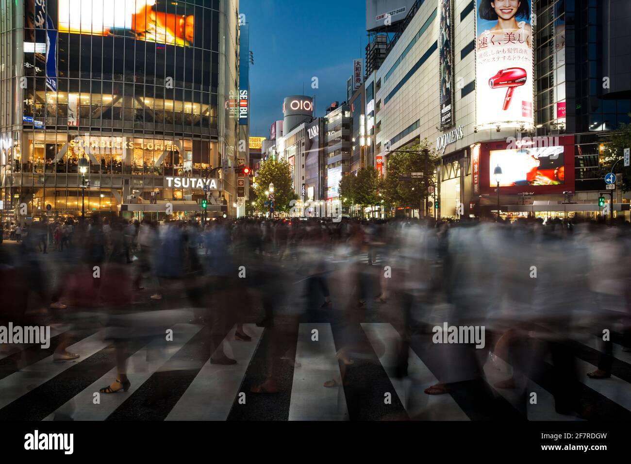 Horizontale Ansicht des Fußgängertrubels in Shibuya Crossing in der Abenddämmerung, Shibuya, Tokio, Japan Stockfoto