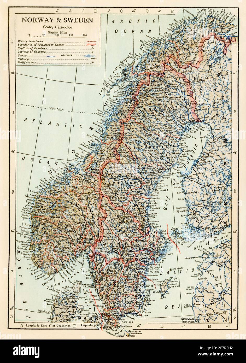 Karte von Norwegen und Schweden um 1900. Farbhalfton Stockfoto